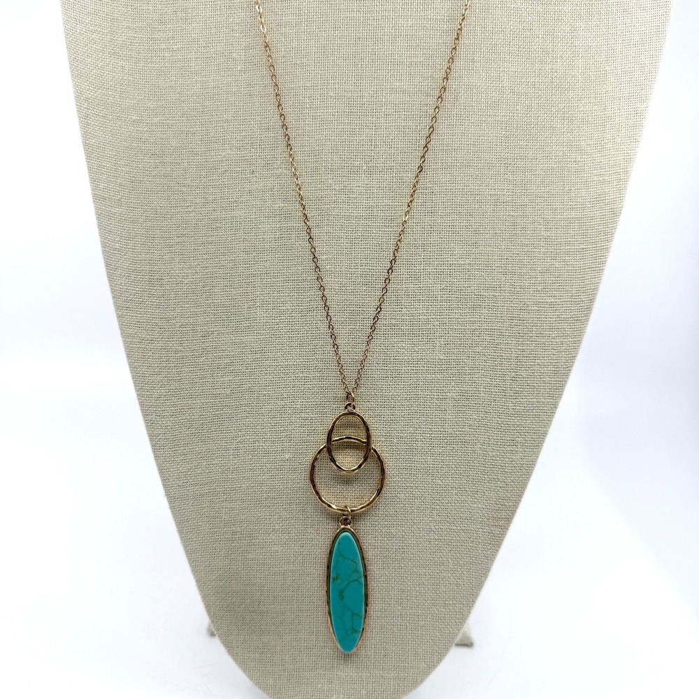 Long Gold Tone Necklace with Oval Faux Turquoise Pendant - Boho Layering